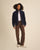 Femme portant la doudoune puffer en velours côtelé navy bleu avec coudières camel Côtelé Paris